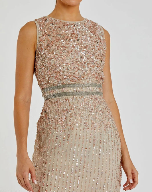 Nude Sleeveless High Neck Beaded Midi Sheath Dress - FINAL SALE