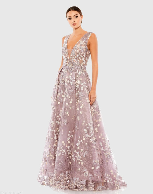 Purple Floral Embroidered Illusion V-Neck Gown