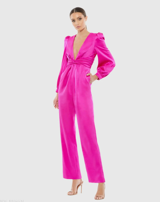 Pink Front Twist Puff Sleeve Deep V Jumpsuit