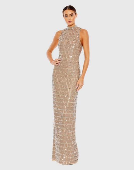 Beige Sequined High Neck Sleeveless Column Gown