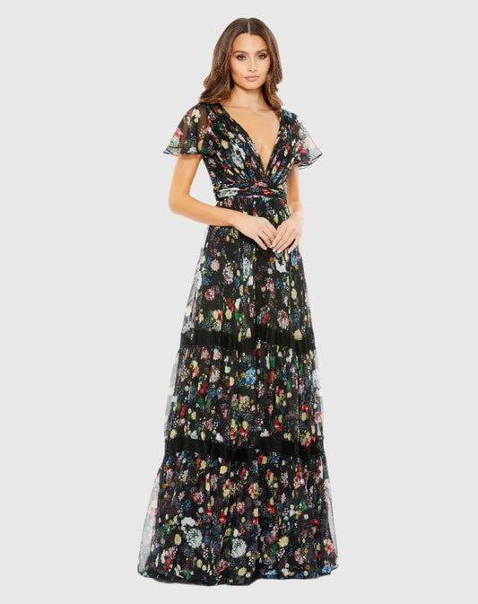 Black Floral Print Wrap Over Butterfly Sleeve Gown