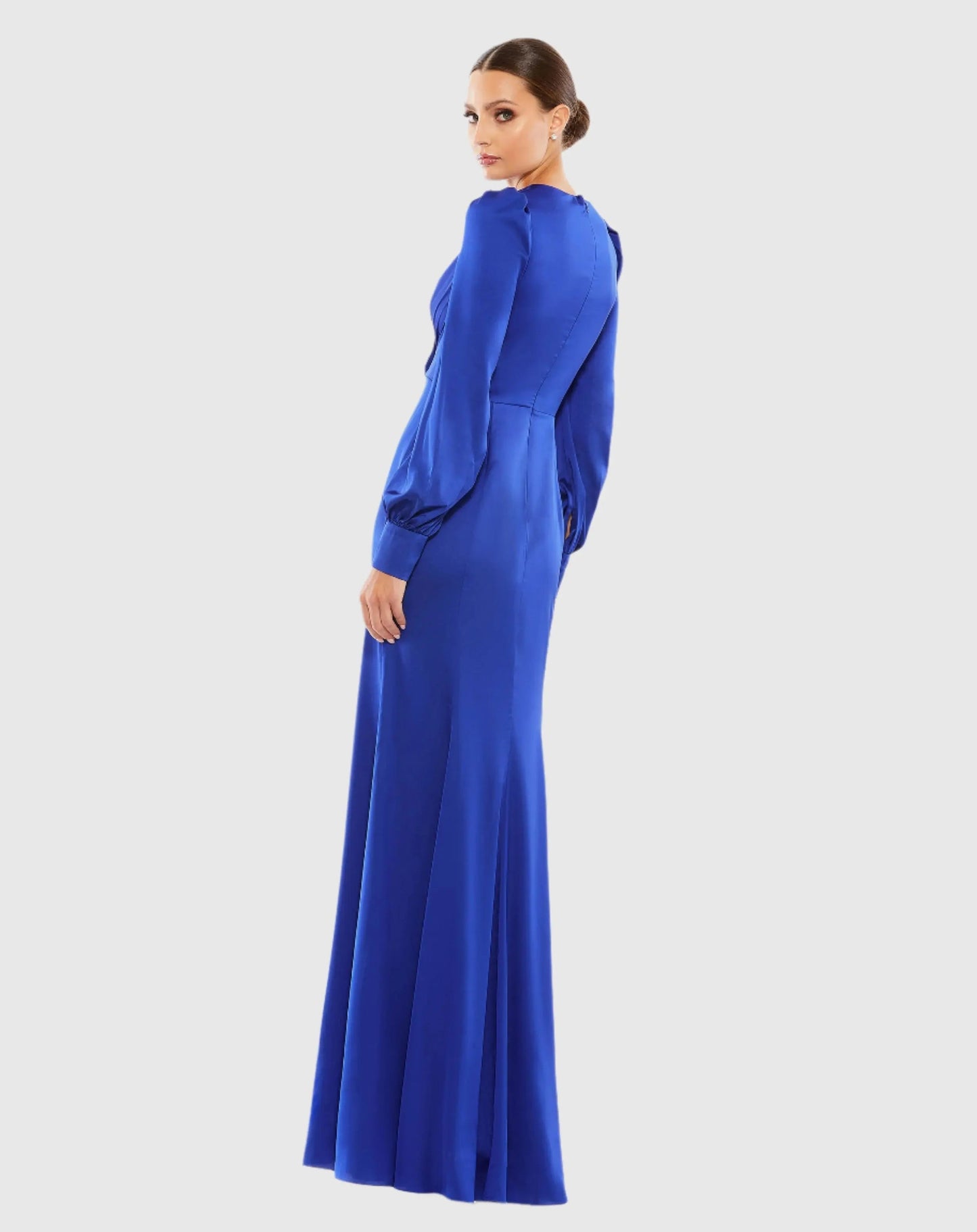 Blue Satin Ruched Bishop Sleeve Gown