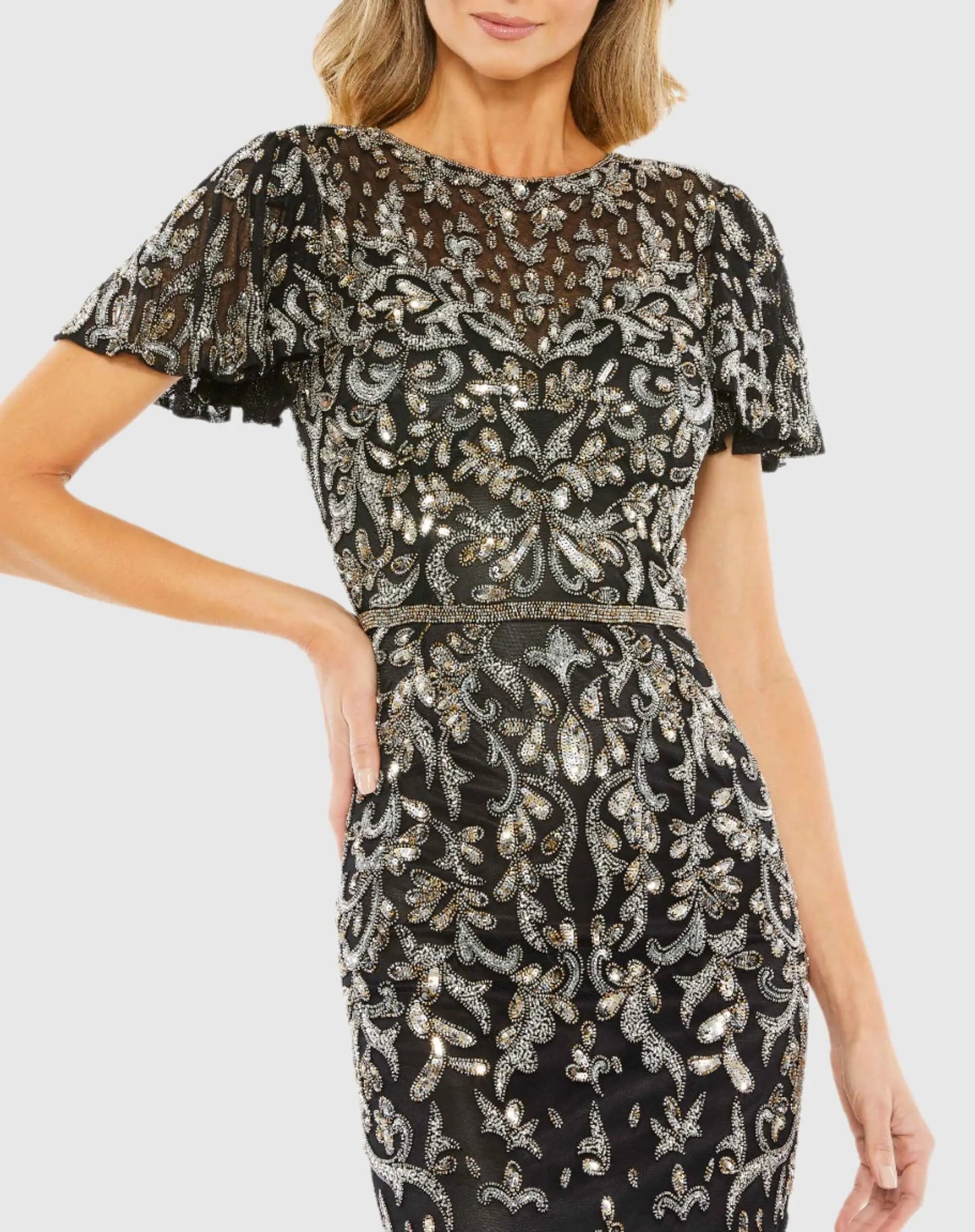 Black Embellished High Neck Flutter Sleeve Dress