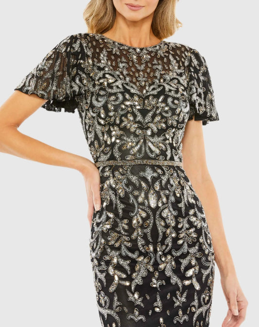 Black Embellished High Neck Flutter Sleeve Dress
