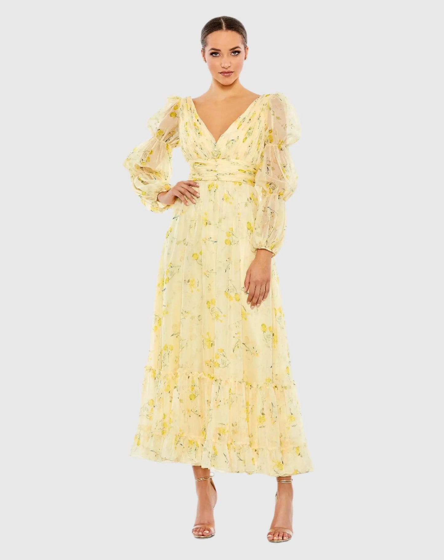 Yellow Floral Print Chiffon Illusion Tiered Puff Dress