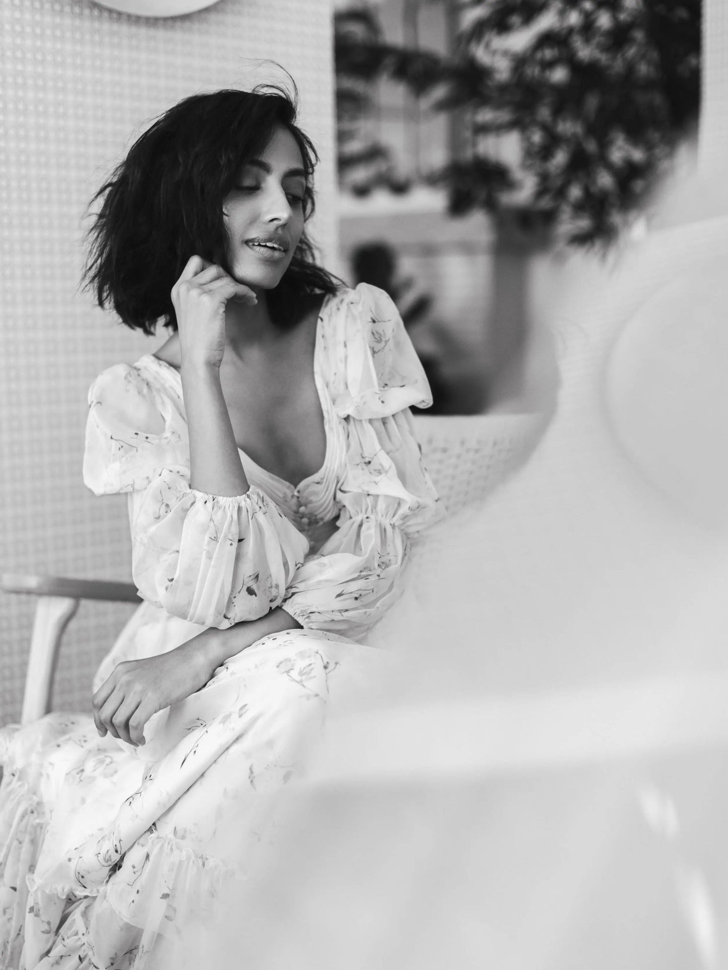 Yellow Floral Print Chiffon Illusion Tiered Puff Dress