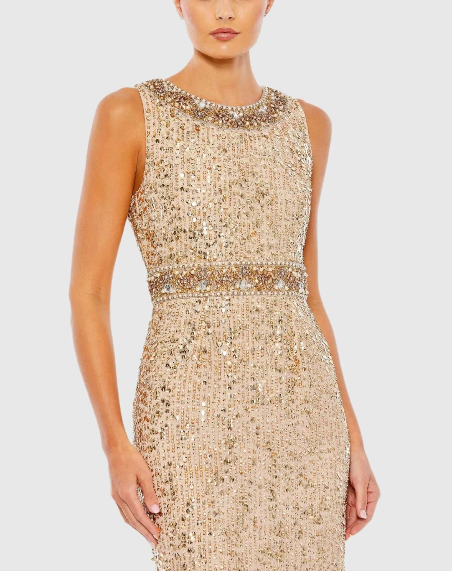 Gold Embellished Sleeveless High Neck Midi Dress