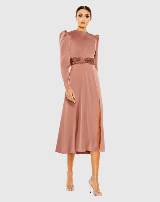 Pink High Neck Long Sleeve Midi Dress