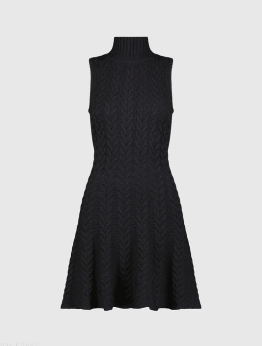 Black Cable Knit Turtle Neck Sleeveless Mini Sweater Knit Dress