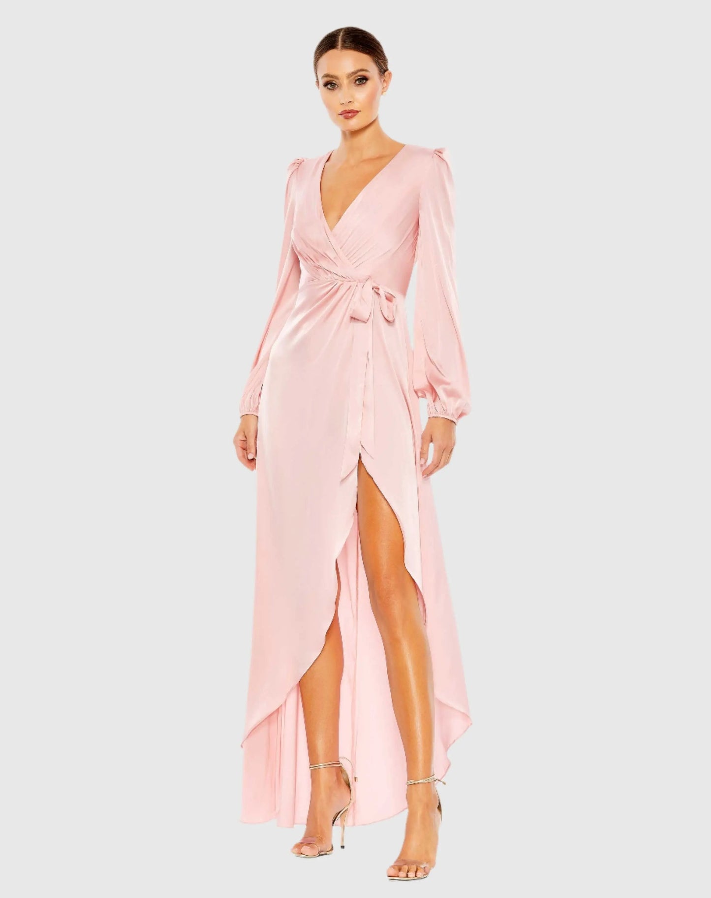 Pink Draped Faux Wrap Puff Long Sleeve Gown
