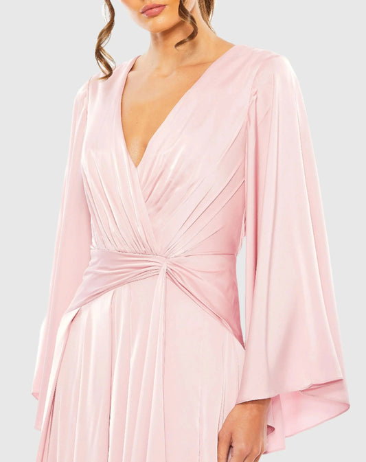 Pink Long Sleeve V Neck High Slit Gown