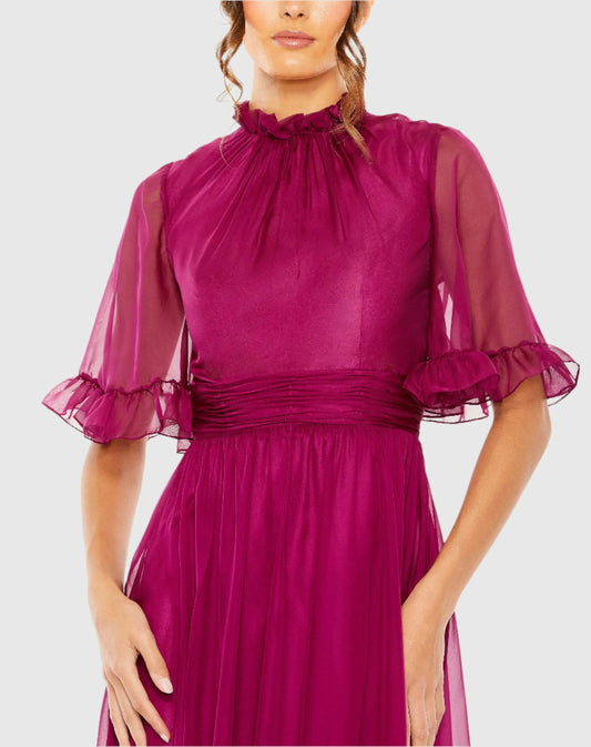 Purple Ruffled Mock Neck Flutter Sleeve High Low Hem Gown