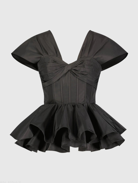 Black Faille Twist Bustier Peplum Top