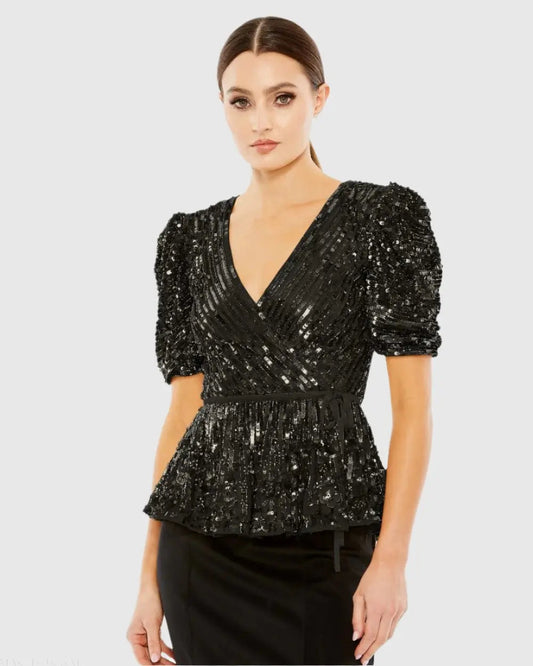 Black Sequined Puff Sleeve Faux Wrap Top - FINAL SALE