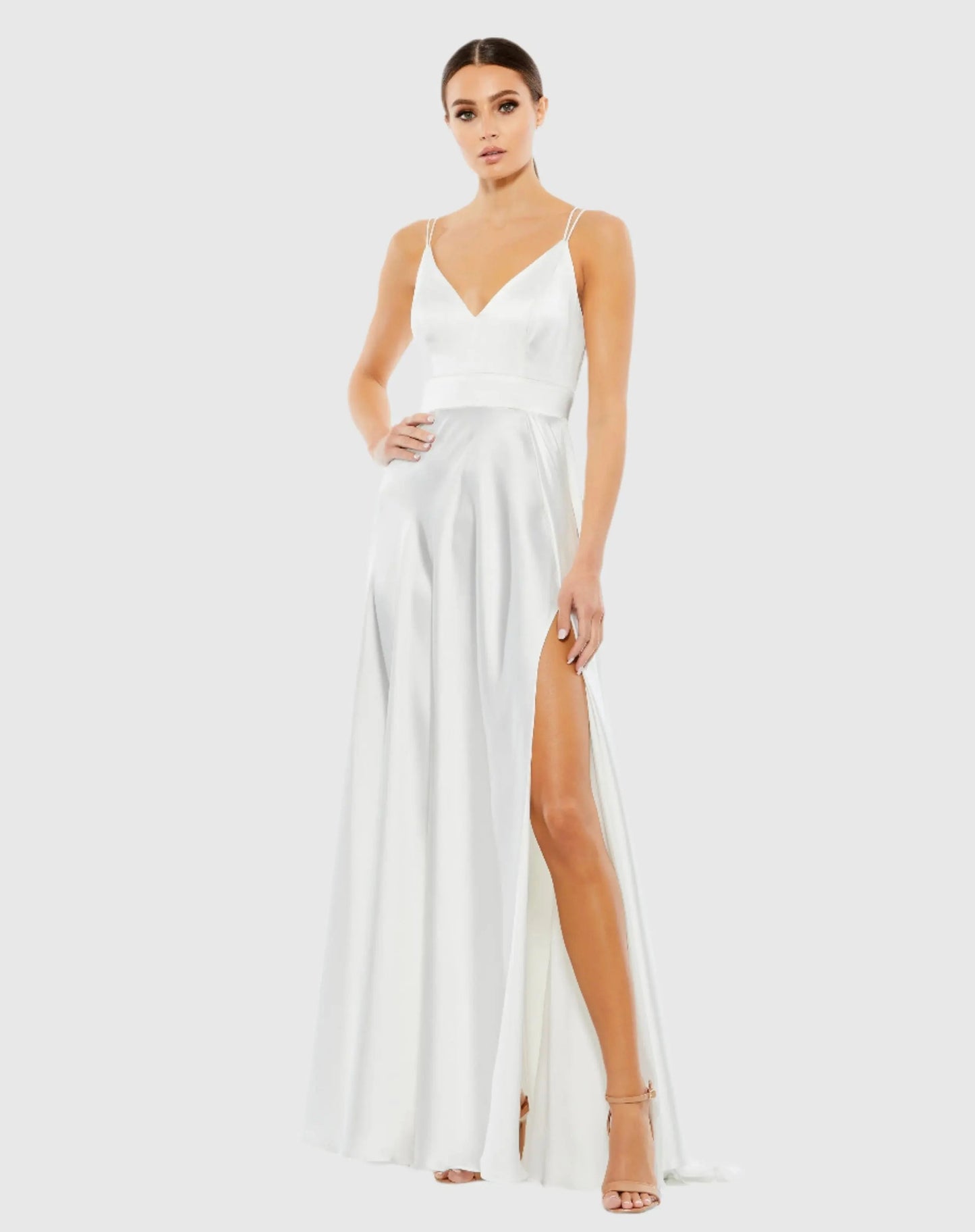 White Satin Strappy-Back High Slit Gown