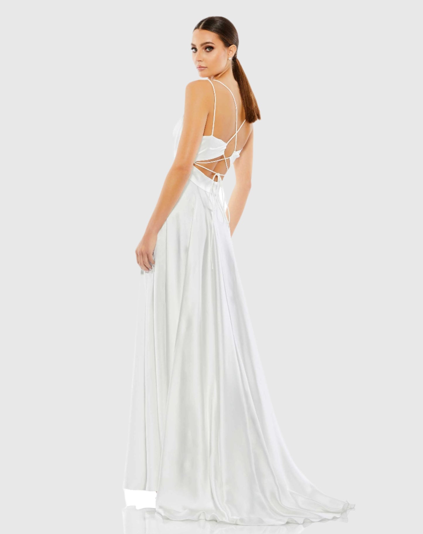 White Satin Strappy-Back High Slit Gown