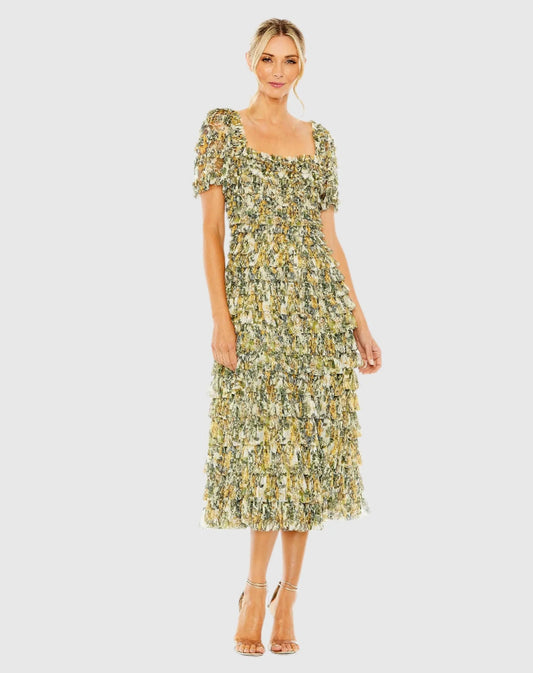 Multicolor Short Sleeve Micro Ruffle Tea Length Dress