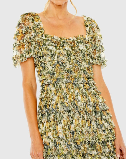 Multicolor Short Sleeve Micro Ruffle Tea Length Dress